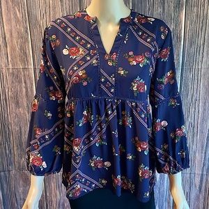 Francesca’s Collections NWT indigo blue & pink floral boho peasant blouse